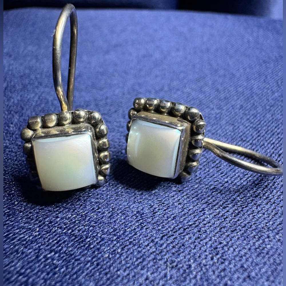 Earrings 925 Sterling Silver Drop Mother of Pearl Sterling Ball Frame Vintage